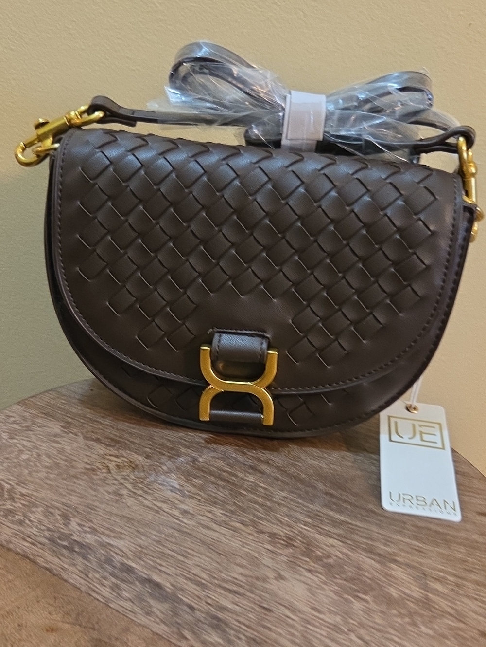 Urban Expressions Woven Saddle Crossbody Bag in Dark Brown with Gold Hardware
